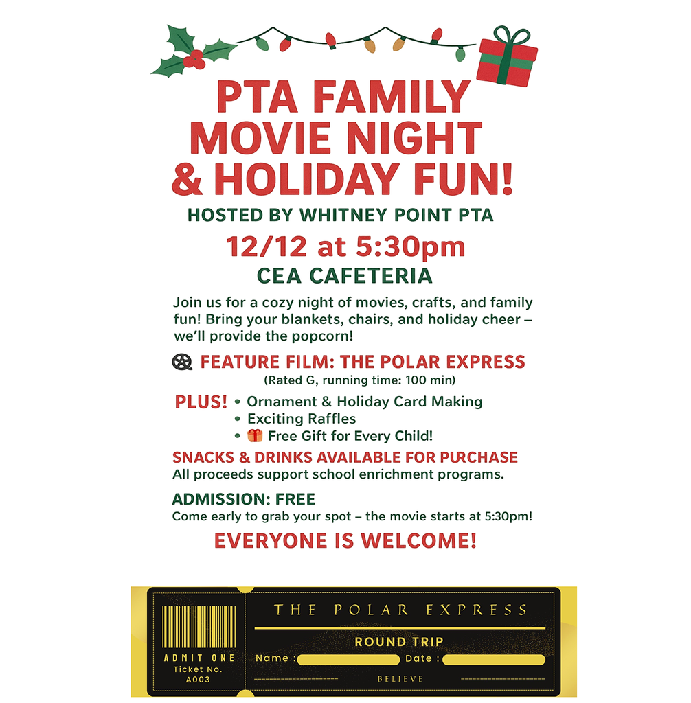 PTA Holiday Movie Night and Holiday Fun hosted by Whitney Point PTA beginning at 5:30 p.m. on December 12, 2025.