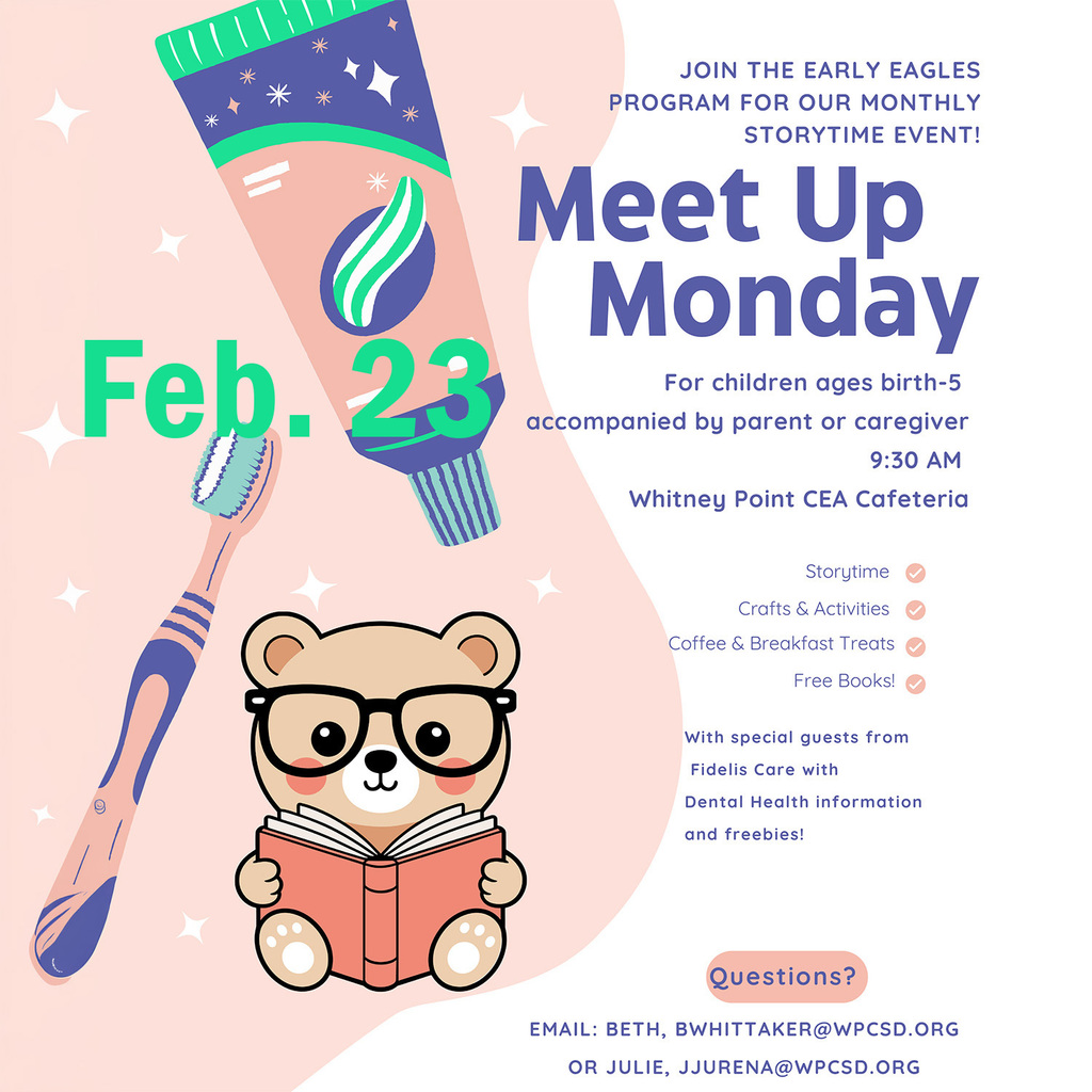 Join the Early Eagles Program for our Monthly Storytime event during Meet Up Monday on February 23, 2026, beginning at 9:30 a.m. in the Caryl E. Adams Primary School cafeteria.