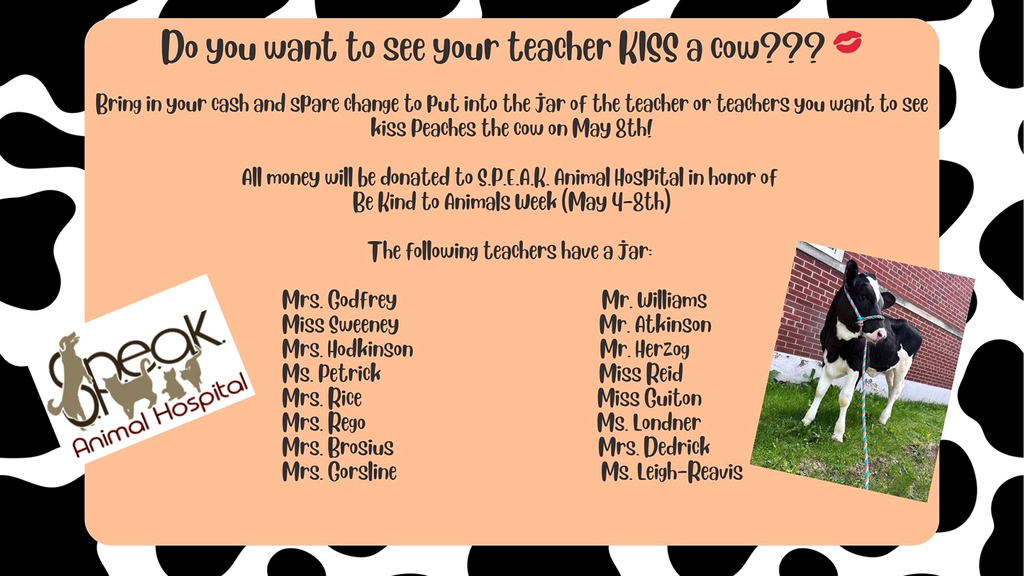 Do you want to see your teacher kiss a cow? Bring in your cash and spare change to put into the jar the teacher or teachers who you want to see kiss Peaches the cow on May 8, 2026! All money will be donated to Speak Animal Hospital in honor of Be Kind to Animals Week May 4 - 8.
