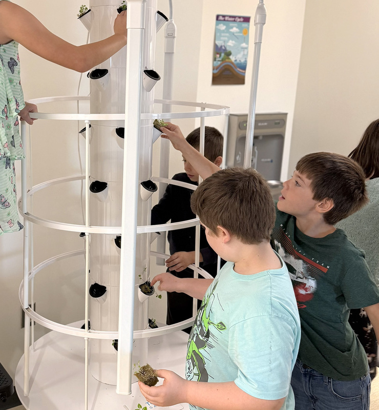 T R A students place lettuce and kale seedlings into the pockets of a growing tower.