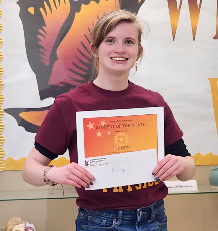 Whitney Point High School Senior Lily Davis with her student of the month certificate.