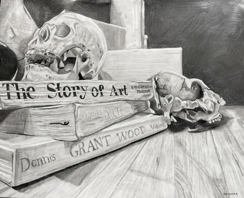 A black and white charcoal drawing of a skull atop three books. The spines of two of the books are readable and are entitled The Story of Art and Dennis Grant Wood.