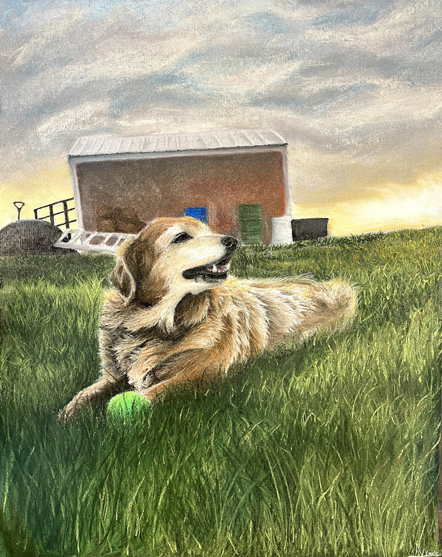 Student painting of a tan retriever dog lying on the grass with a tennis ball tucked up by its front paws.