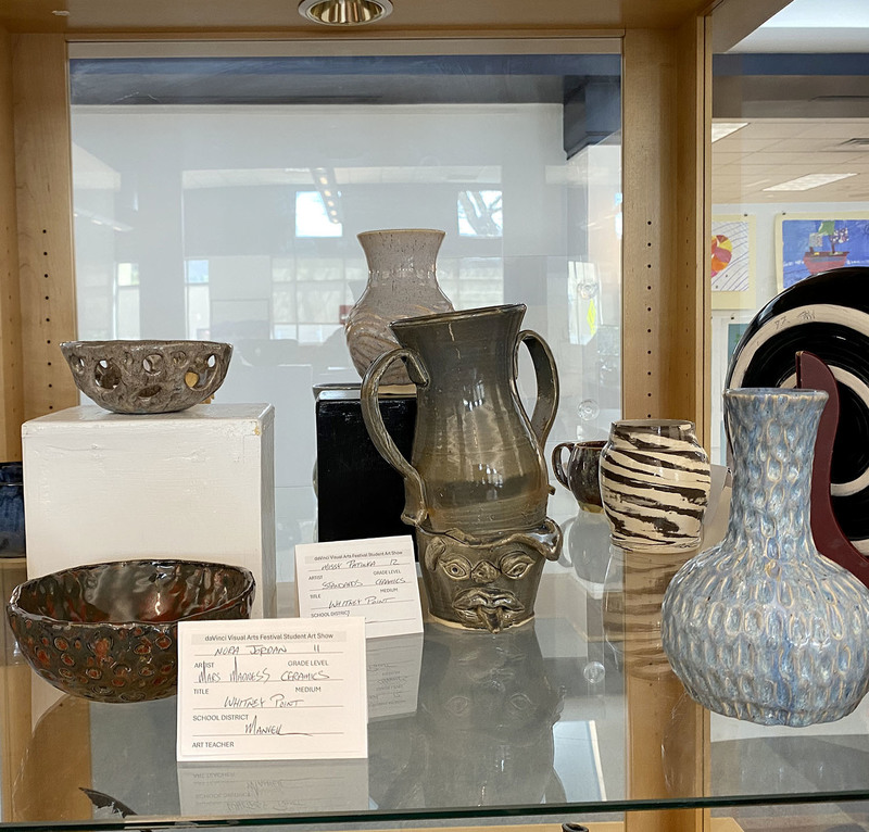 More student artwork by Whitney Point High School students is displayed in cases at the Broome County Library as part of the annual daVinci Visual Arts Festival.