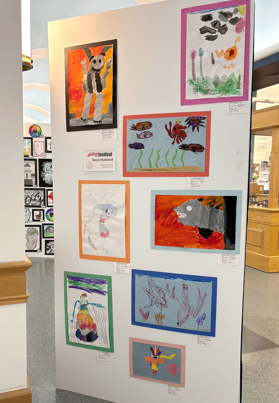 Artwork by Caryl Adams Primary School students is displayed on a board as part of the daVinci Art Show this month (May 2026.).