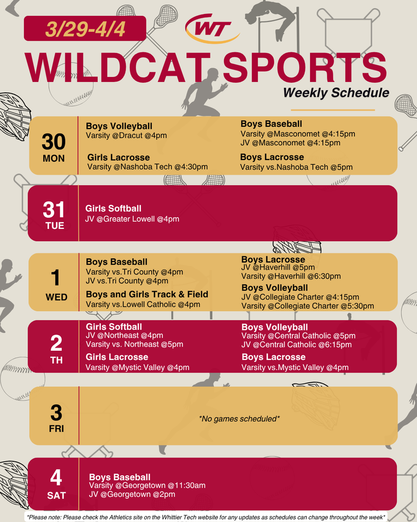 Weekly Sports Schedule for 3/29-4/4