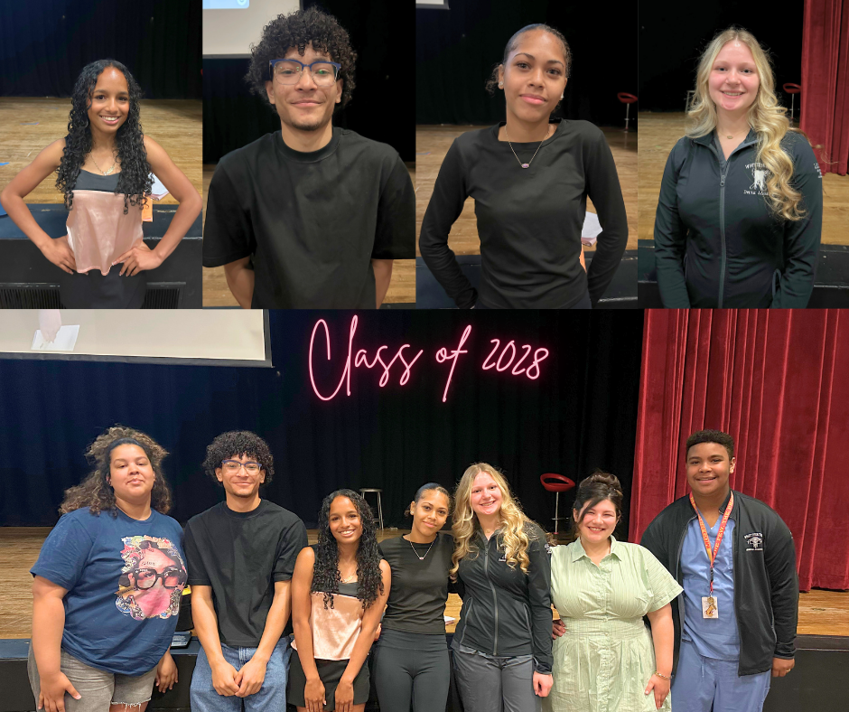Four students in the Class of 2029 standing in the auditorium after presenting their candidate speeches for Student Government. The bottom photo is of all 7 students in the Class of 2029 who gave speeches this morning.