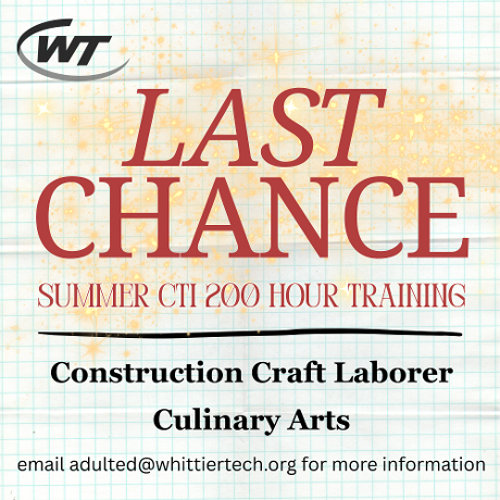 🚨Last Call! There is still time to enroll in Whittier Tech's FREE CTI Summer Career Training Programs! A limited number of spots remain in: - Construction Craft Laborer - Culinary Arts These 200-hour training programs run from June through August and are designed for Massachusetts residents age 18 or older who are unemployed or underemployed and ready to gain valuable skills and enter the workforce. Interested or know someone who may be a good fit? Email adulted@whittiertech.org or complete the interest form today: https://bit.ly/4v04Kb3