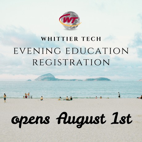 Mark Your Calendars! Registration for Whittier Tech Evening Education opens August 1. Whether you're interested in learning a new skill, exploring a hobby, or advancing your career, Whittier offers a wide variety of courses, including Basic Masonry, Basic Woodworking, Photography, and more. Whittier also offers the electrical and plumbing theory courses required for licensure, helping students take the next step in their professional journey. Many of our most popular classes fill quickly, so be sure to plan ahead. Learn more and register beginning August 1 at wtatnight.whittiertech.org. Thank you for your continued support of Whittier's Evening Education programs!