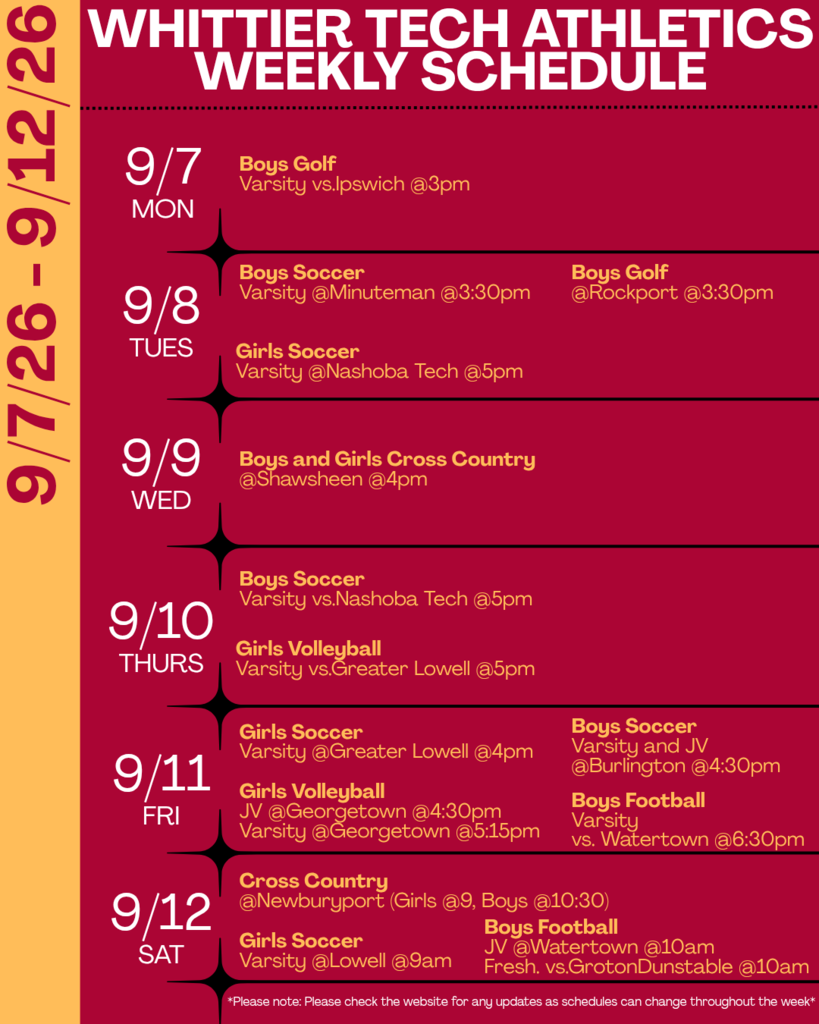 sports schedules are displayed for the week of 9/7-9/12/26 for whittier tech