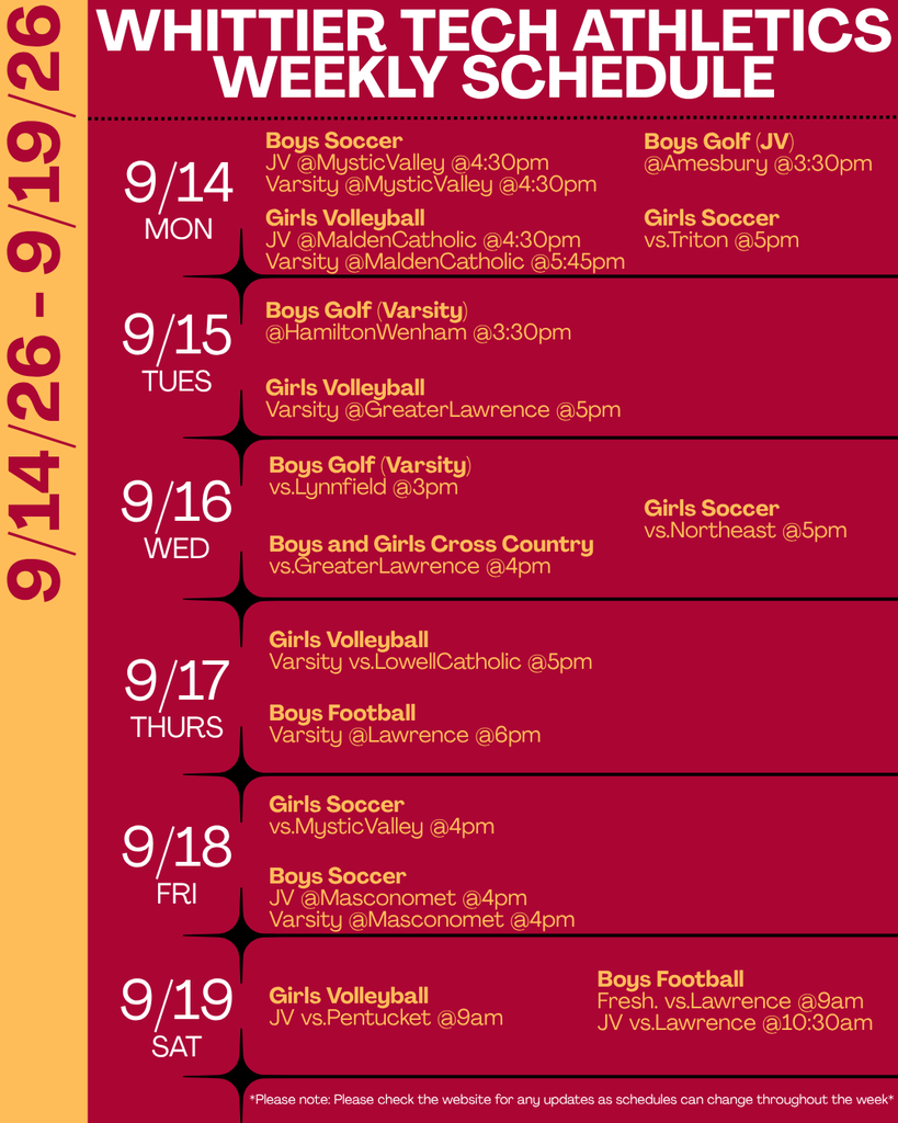Whittier Tech Sports Schedule for 9.14-9.19