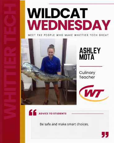 It’s Wildcat Wednesday! 🐾 Meet Ashley Mota, a Culinary teacher and proud Whittier Tech alumna from the Class of 2004! Ashley is in her first year teaching at Whittier, but her culinary career has taken her around the world. One of her favorite experiences was working as an executive chef at Dedon Island Resort in the Philippines. Now back at Whittier, Ashley says what she enjoys most is the staff and shares this advice with students: “Be safe and make smart choices.” Welcome back to Whittier, Ashley, this time as a member of the Wildcat staff! #WeAreWhittierTech #WildcatWednesday #CareerAndTechnicalEducation