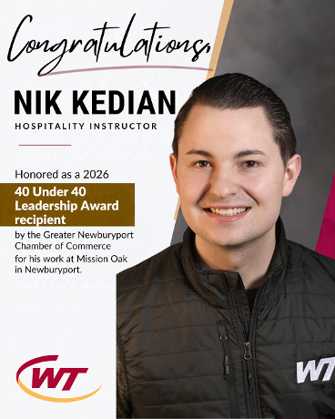 A well-deserved honor for one of Whittier Tech’s own! 👏 Congratulations to Hospitality Instructor Nik Kedian, who will be honored tonight as a 2026 40 Under 40 Leadership Award recipient by the Greater Newburyport Chamber of Commerce! Nik is being recognized for his work at Mission Oak in Newburyport, an accomplishment that speaks to the industry experience and leadership he brings with him to Whittier Tech. Congratulations, Nik! We’re proud to celebrate this exciting recognition with you!