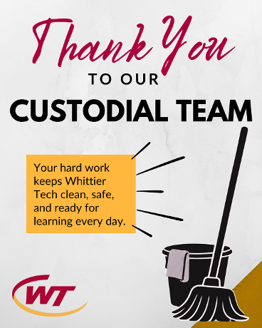 Today, we recognize the hardworking custodial team that keeps Whittier Tech clean, safe, and ready for learning each day! So much of what they do happens behind the scenes, but their impact is felt throughout our entire school. Thank you for the care, dedication, and pride you bring to Whittier Tech every day. Happy National Custodial Workers’ Recognition Day!