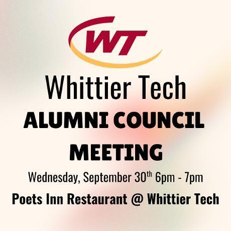 Calling all Alumni! Whittier Tech's September Alumni Council Meeting will be held on Wednesday, September 30th from 6pm - 7pm in the Poets Inn Restaurant on campus. If you are interested in learning more please reach out to Cassandra Garzone, Director of Community Partnerships, at cgarzone@whittiertech.org. #WeAreWhittierTech #CareerAndTechnicalEducation #WorkforceOfTomorrow