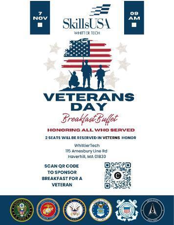 Honoring those who served. 🇺🇸 SkillsUSA is proud to host its 3rd Annual Veterans Breakfast on Saturday, November 7, at 9 a.m. at Whittier Tech. To help make this special morning possible, SkillsUSA is seeking breakfast sponsors. Those interested in supporting the event can make a donation here: https://theshops.whittiertech.org/store/veteranbreakfast If you are a Veteran and would like to attend please email Jeff Fox at jfox@whittier.tec.ma.us Thank you for helping Whittier Tech honor and celebrate our local veterans! #WeAreWhittierTech #CareerAndTechnicalEducation #WorkforceOfTomorrow
