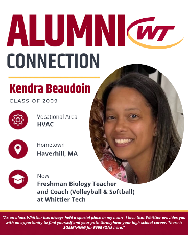 Once a Wildcat, always a Wildcat! Meet Kendra Beaudoin, Class of 2009, a Whittier Tech HVAC alum whose journey has brought her right back to where it started. Today, Kendra is a freshman Biology teacher and Volleyball and Softball coach at Whittier Tech, helping the next generation of Wildcats discover their own paths. “As an alum, Whittier has always held a special place in my heart. I love that Whittier provides you with an opportunity to find yourself and your path throughout your high school career. There is SOMETHING for EVERYONE here.” We’re proud to spotlight Kendra and the many paths a Whittier Tech education can inspire! #WeAreWhittierTech #CareerAndTechnicalEducation #WorkforceOfTomorrow