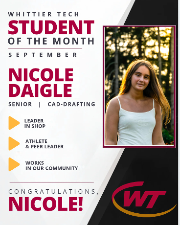 Whittier Tech Student of the Month for September is Nicole Daigle