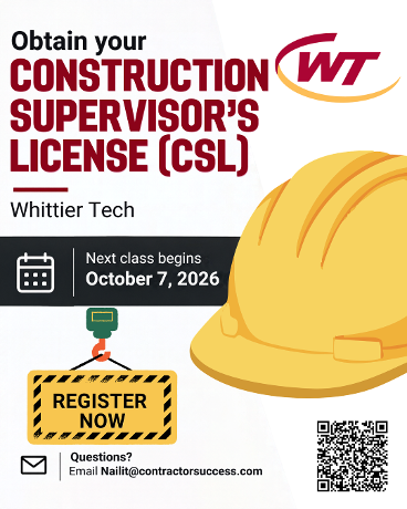 Ready to take the next step in your construction career? Prepare to obtain your Construction Supervisor’s License (CSL) with an exam prep course hosted at Whittier Tech. The next class begins Wednesday, October 7, and there are still a few spots available! 🔗 Register here: https://bit.ly/4ysEPe4 Questions? Email Nailit@contractorsuccess.com. #WeAreWhittierTech #CareerAndTechnicalEducation #WorkforceOfTomorrow