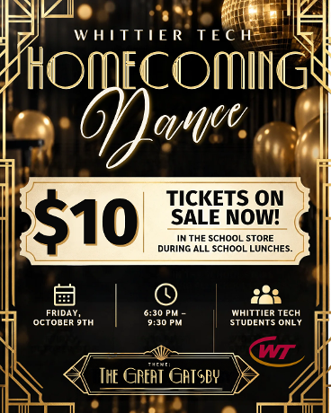 Homecoming Dance tickets are on sale now! 🎟️ Whittier Tech students can purchase tickets for $10 in the School Store during all school lunches. 📅 Friday, October 9 ⏰ 6:30–9:30 PM 🎟️ $10 📍 Whittier Tech students only Be sure to review pages 3 & 4 of the Principal Updates for full details and Homecoming Dance rules: https://bit.ly/3RC3ZpS #WeAreWhittierTech