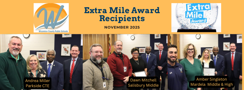 Image of the three recipients of the Extra Mile Award for the month of November. They are Andrea Miller of Parkside CTE, Dawn Mitchell at Salisbury Middle and Amber Singleton at Mardela Middle and High