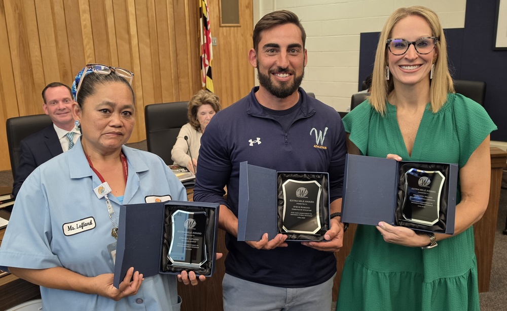 Image of the three Extra Mile Award Recipients for the month of April; Cynthia Lofland, Steve Romano, and Meredith Miller