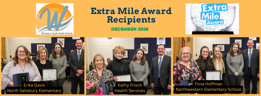 Image  of December 2025 Extra Mile Award recipients: Erika Davis of North Salisbury elementary, kathy Frisch, Supervisor of Health Services, and Trina Hoffman, Northwestern elementary School