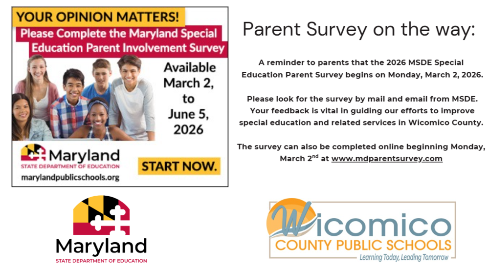 image of flyer advertising the upcoming Maryland Special Education Parent Survey that will begin on Mar. 2nd, 2026