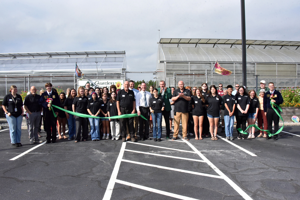 Photo of the ribbon cutting for the new greenhouse at Parkside CTE Horticulture