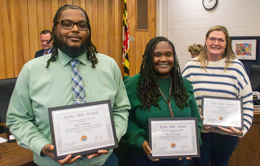 Image of January's Extra Mile Award recipients in Wicomico County Public Schools - Dean Holland, Chipman Elementary Knita Cartwright McKinney-Vento Coordinator, and Cris Bryson, Accounting Manager in the Finance Department