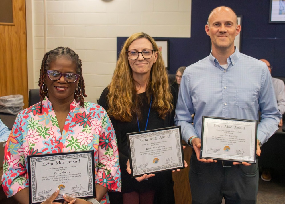 Image of the three Wicomico Public Schools Extra Mile award winners for the month of March - Freda Morris of Chipman Elementary, Robin Zimmerman of Wicomico High, and Joe Hastings of Mardela High