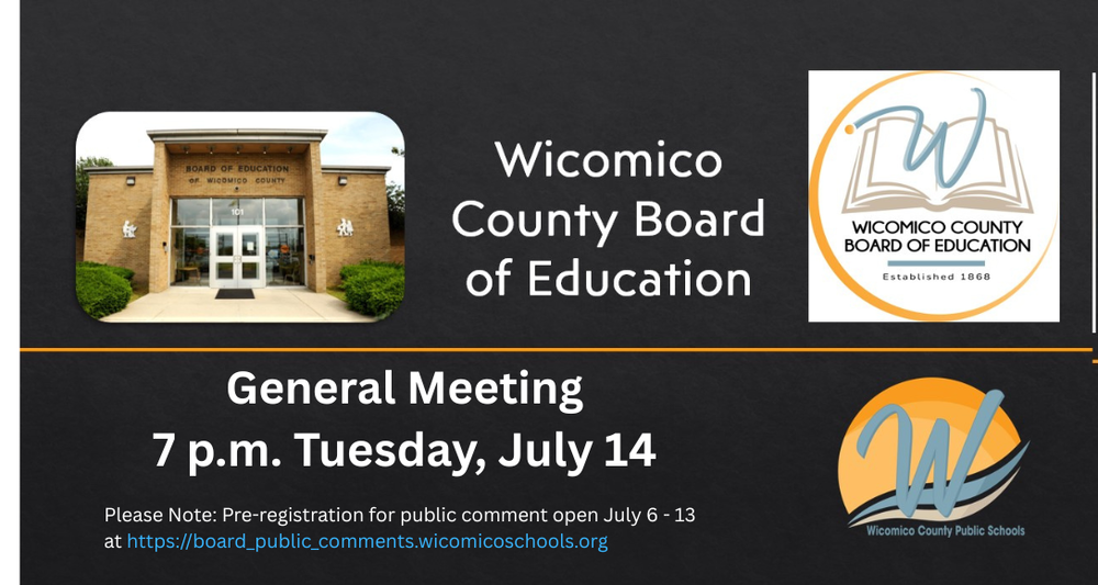 Image of a flyer advertising the Tuesday July 14th Board of Education meeting at 7 p.m.