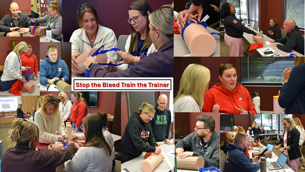 Collage of photos from Stop the Bleed Train the Trainer training for Health Ed teachers