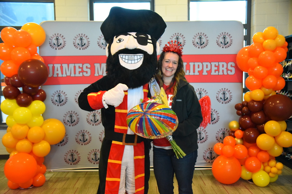 Wicomico Teacher of the Year Dr. Chelsea Taylor with Clippy of JMB