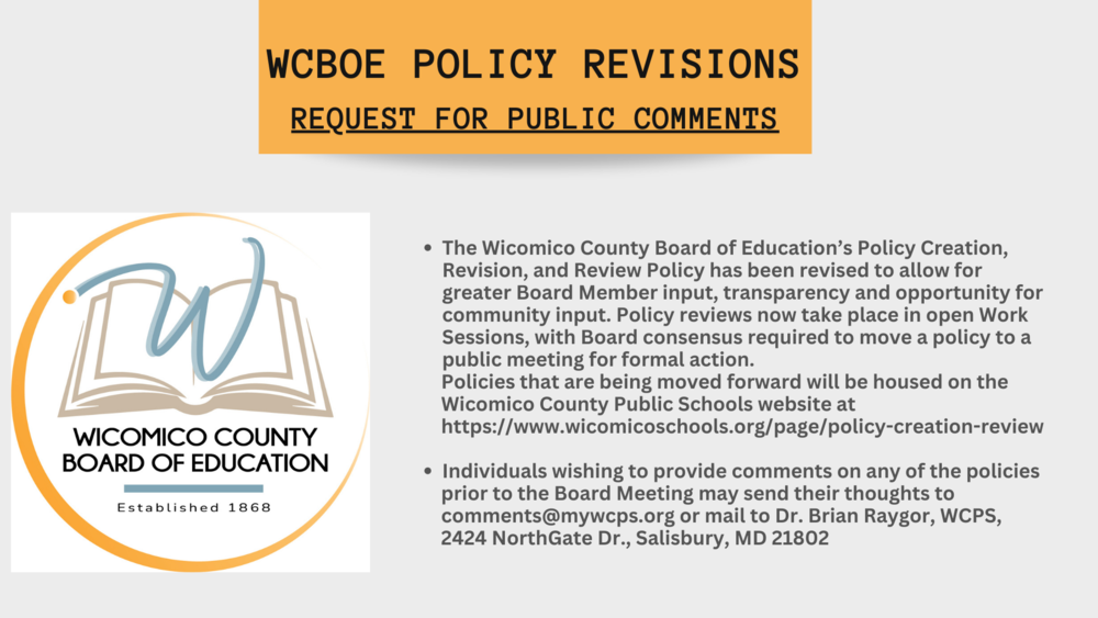 Image of flyer advertising the Board of Education Request for Public Comments on Policy Revisions