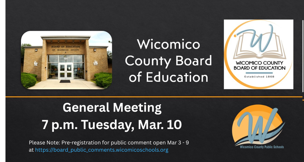 Image of flyer announcing next Board of Education meeting