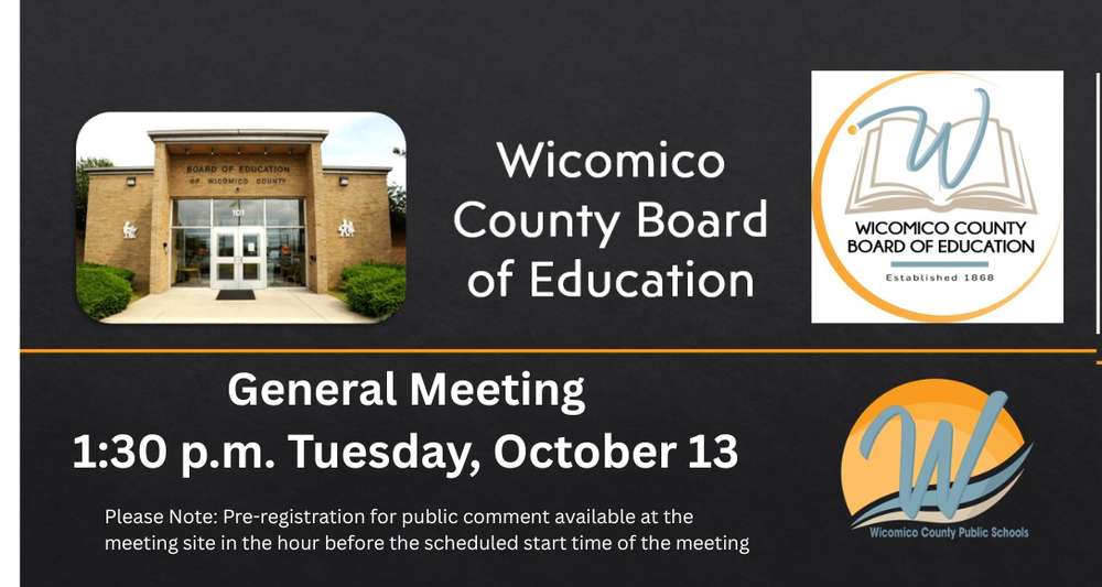Image of flyer advertising the next Board of Education meeting on Tuesday October 13, 2026 at 1:30 p.m.