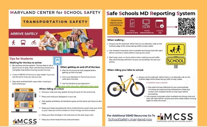 Image of a flyer from the Maryland Center for School Safety emphasizing the importance of being safe when riding the school bus, driving or walking to school