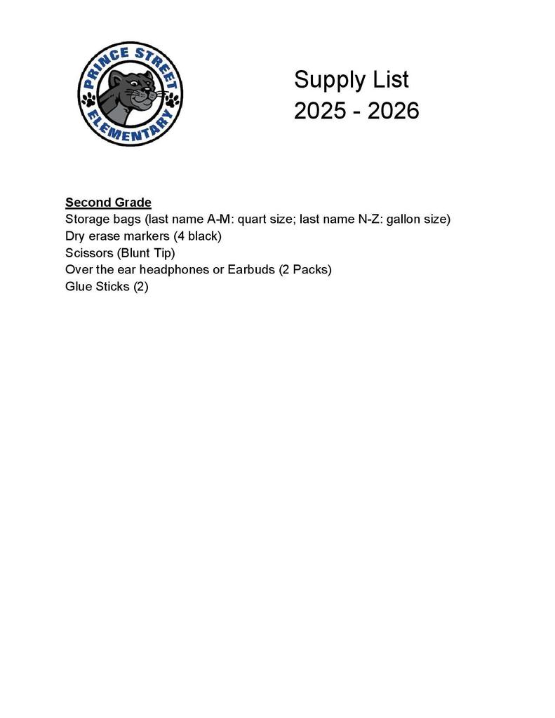 SECOND GRADE SUPPLY LIST