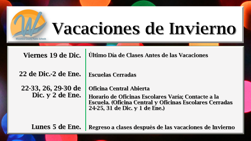 Winter Break dates in Spanish