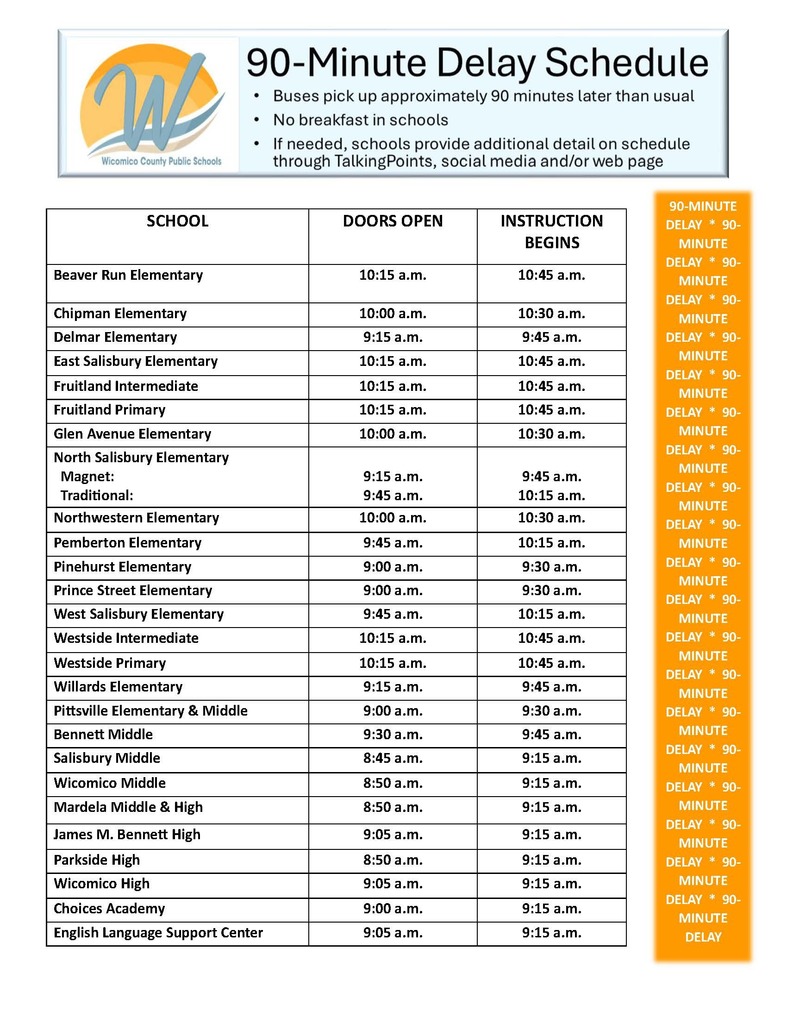 Chart of school hours with 90-minute delay
