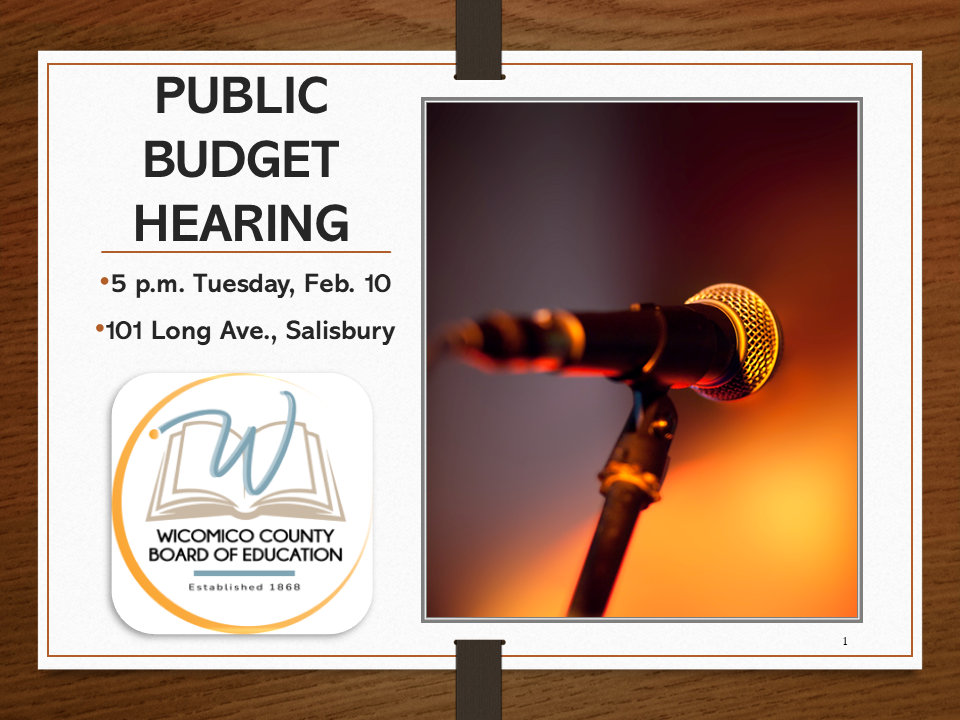 Graphic about Board of Education Budget Hearing on February 10th at 5 p.m.