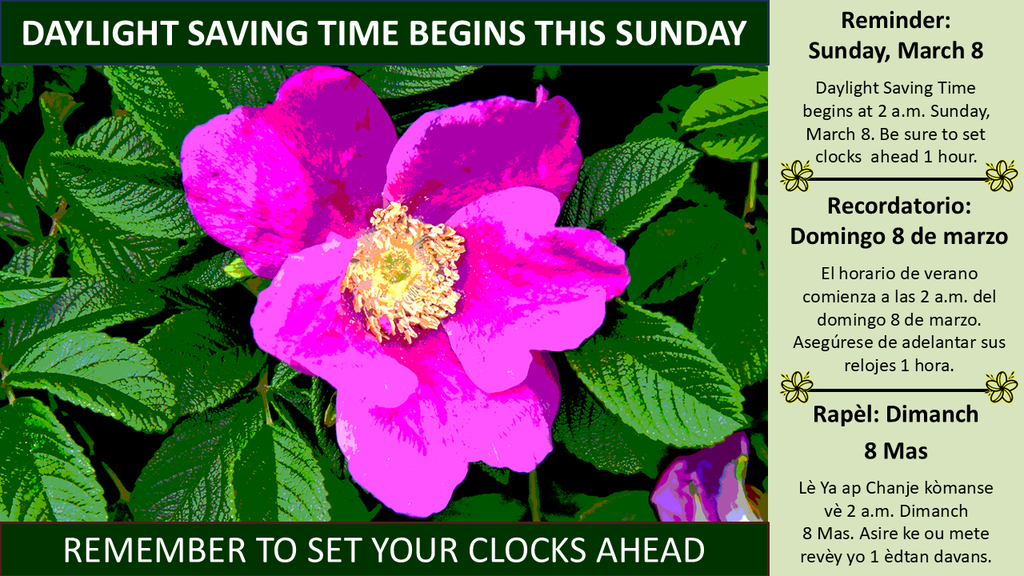 Graphic with a reminder ofg Daylight Saving Time starting March 8, in three languages