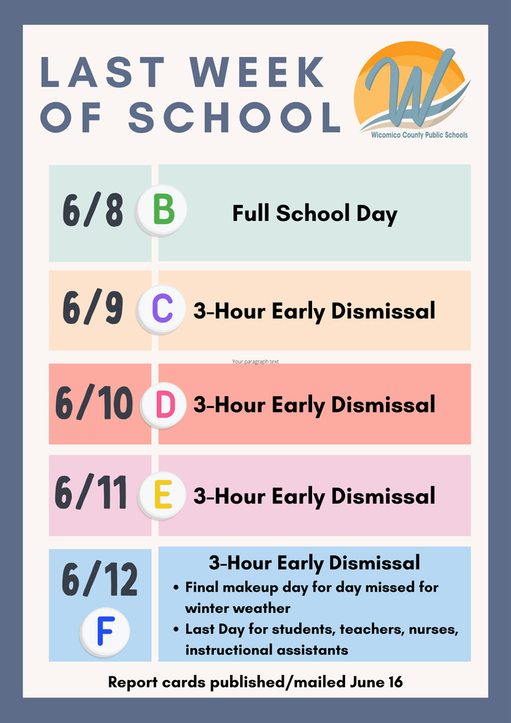 Schedule for last week of school with letter days 