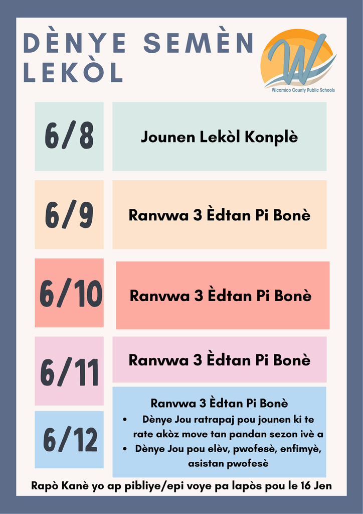 Schedule for last week of school in Haitian Creole