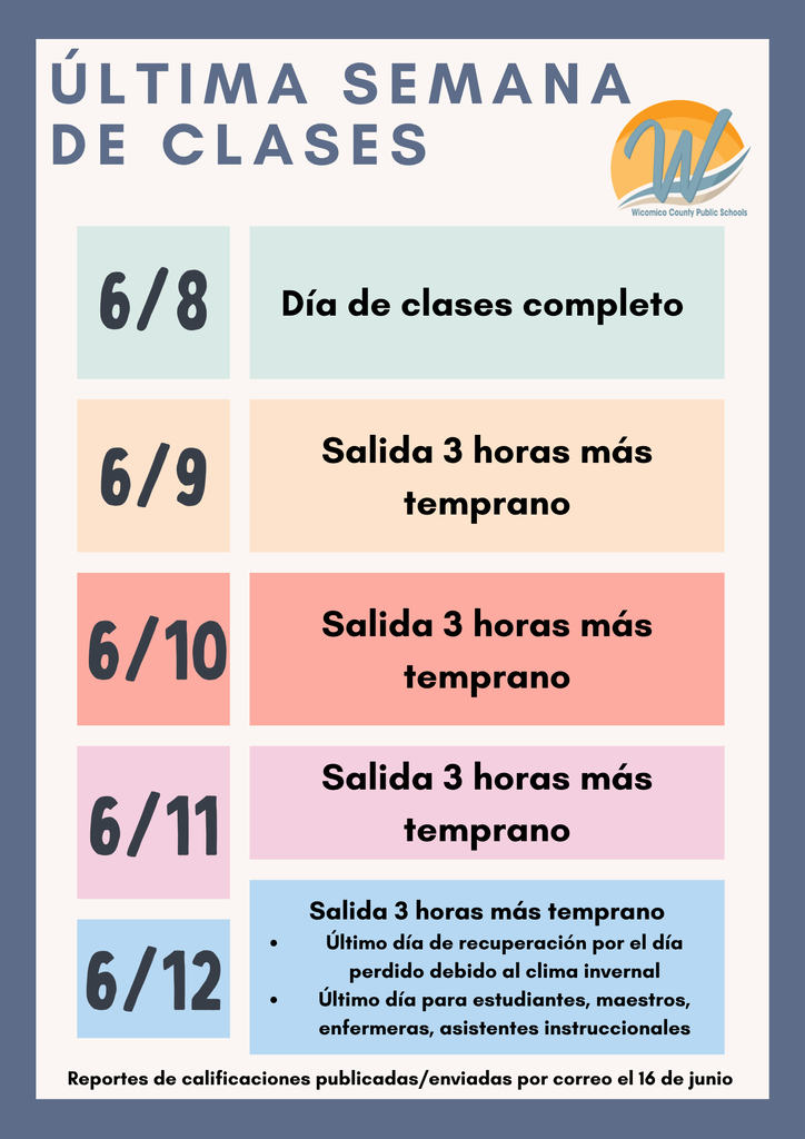 Schedule for last week of school in Spanish