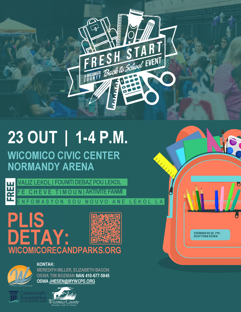 Imaj yon feyè k ap fè piblisite pou evènman "Fresh Start Back to School" la, k ap fèt 23 Out nan Wicomico Civic Center.