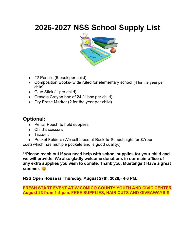 School supply list for North Salisbury Elementary