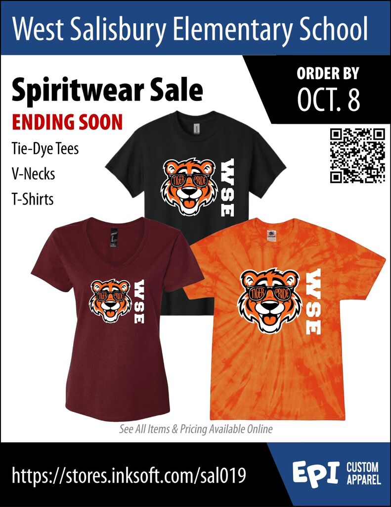Images of shirts available for spirit wear fundraiser, along with qr code