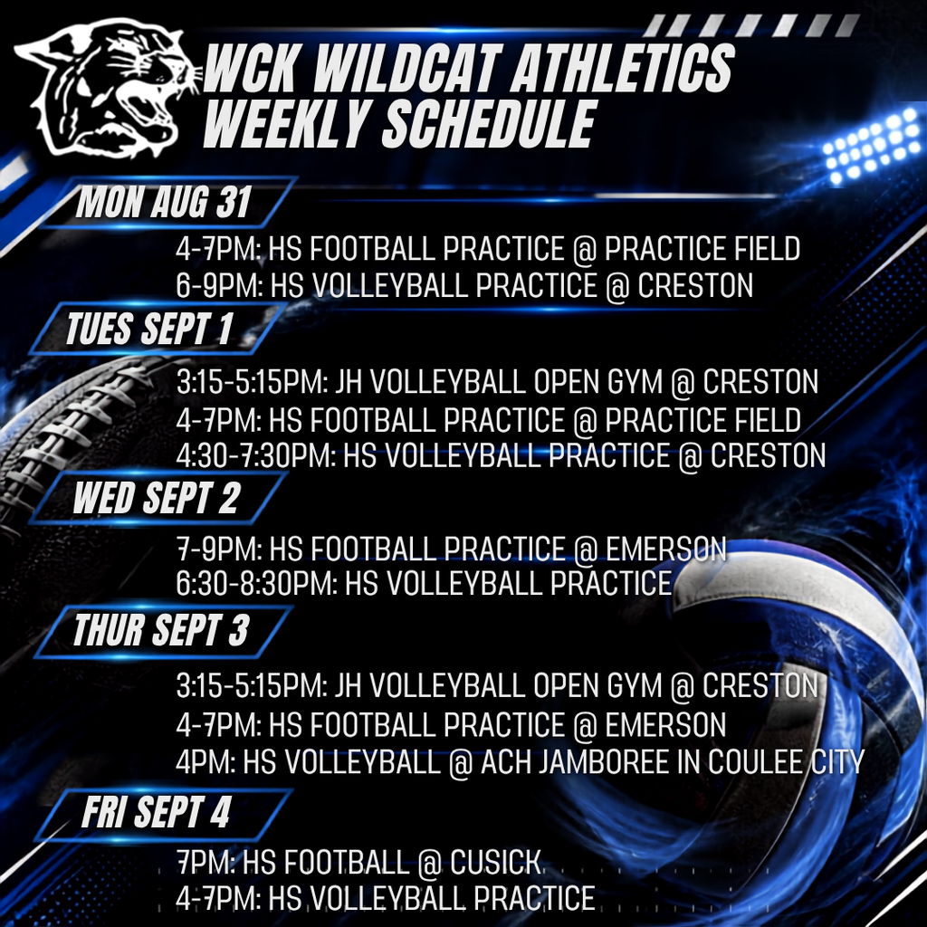 WCK Athletics Schedule for the week of 8/31-9/4